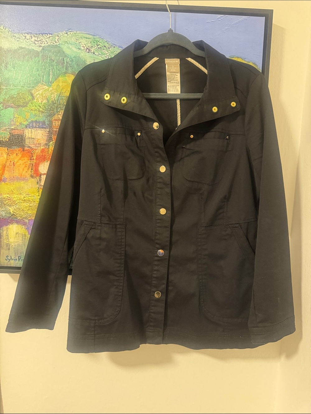 Chico’s Women's Black Utility Jacket with Snap Front and Front Pockets